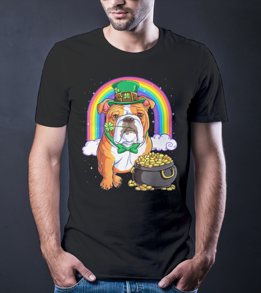 English Bulldog Leprechaun St Patricks Day Rainbow Gold Pot T-Shirt
