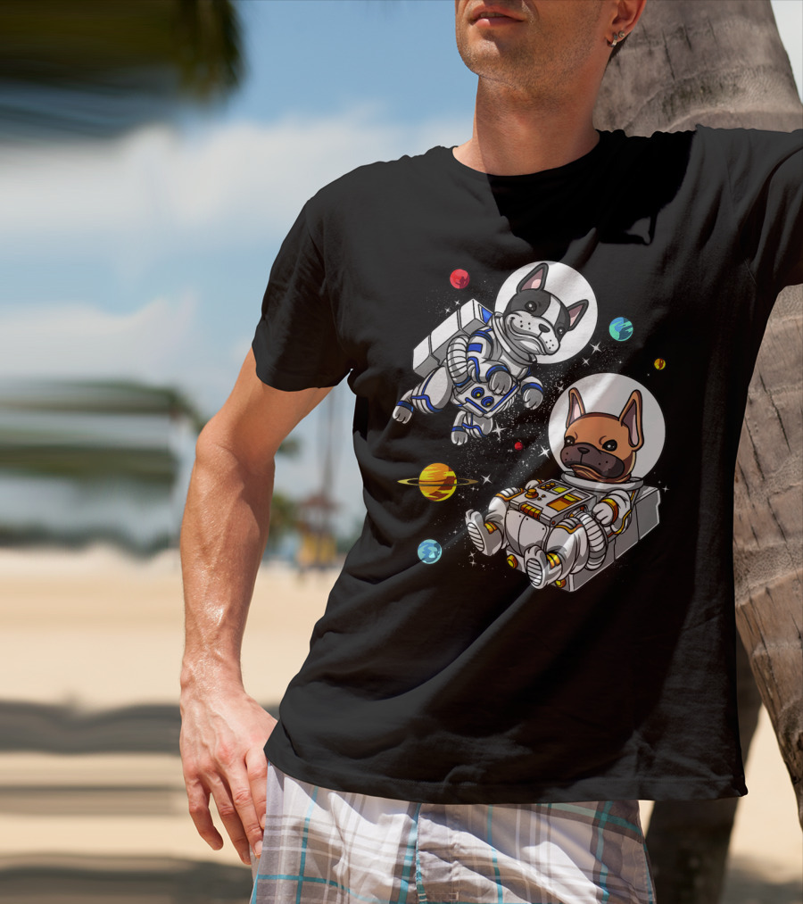 French Bulldog Astronauts In Space With Planets And Stars T-Shirt