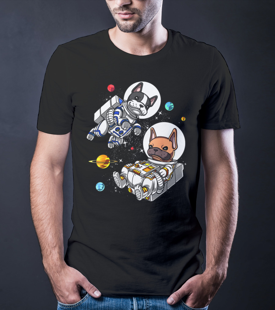 French Bulldog Astronauts In Space With Planets And Stars T-Shirt
