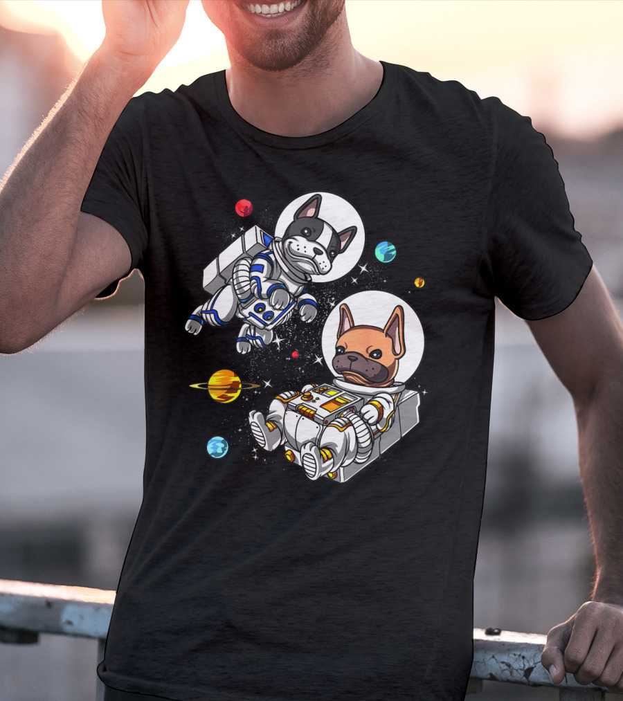 French Bulldog Astronauts In Space With Planets And Stars T-Shirt