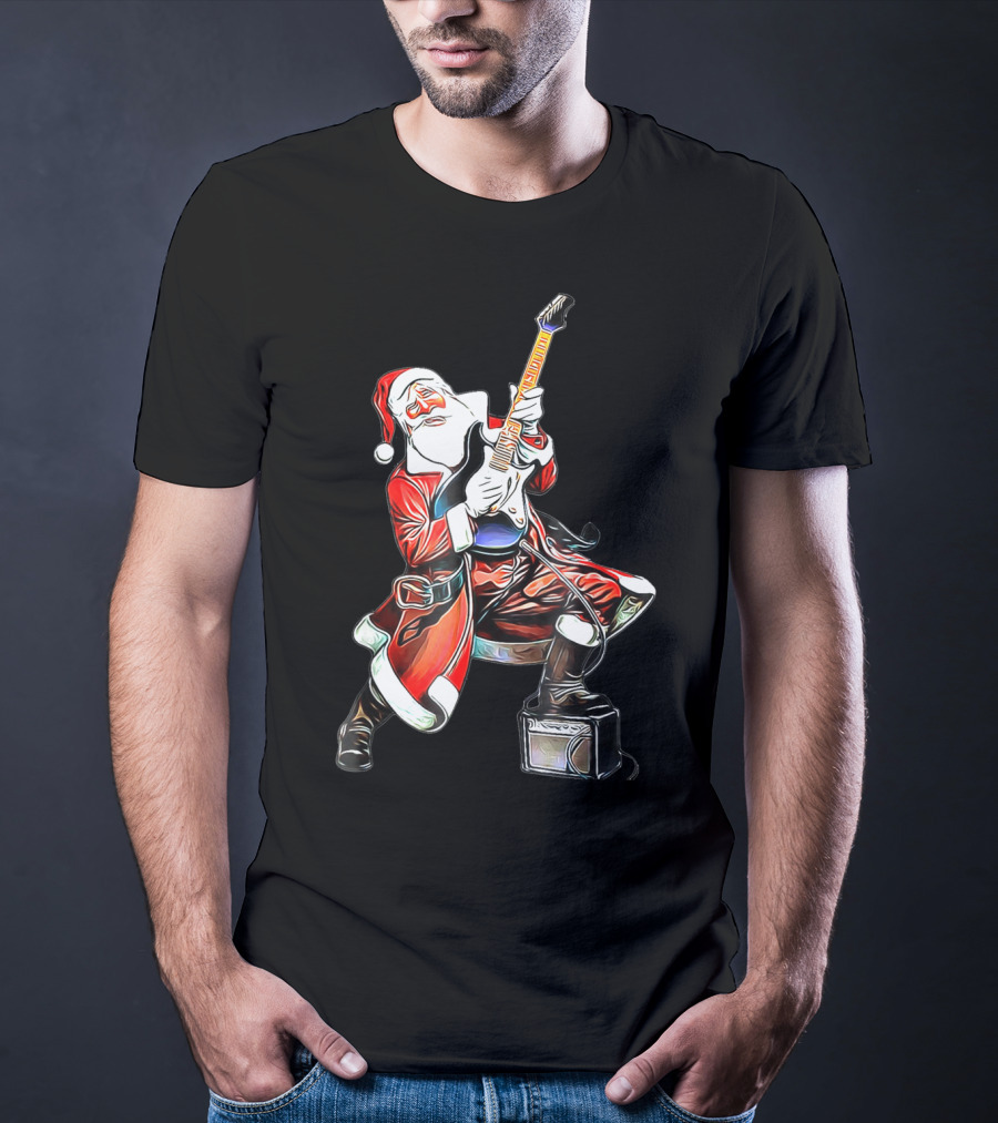 Funny Christmas Rock N Roll Santa Playing Guitar T-Shirt