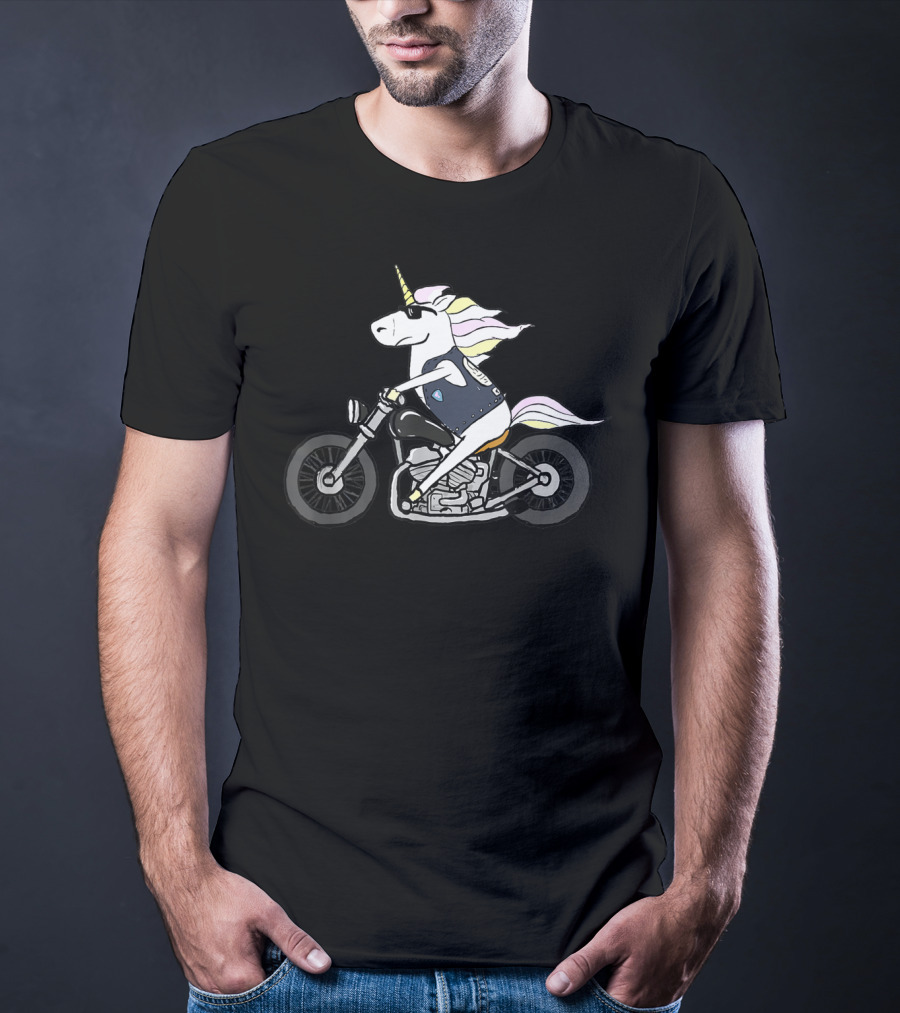 Funny Cool Unicorn Riding Motorcycle With Sunglasses T-Shirt