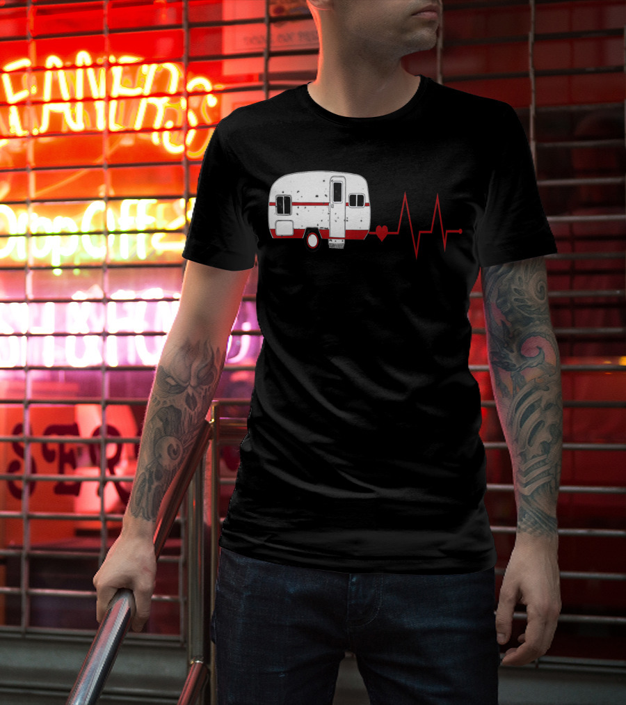 Funny Valentine's Day Camping Women Girls Heartbeat Camper T-Shirt