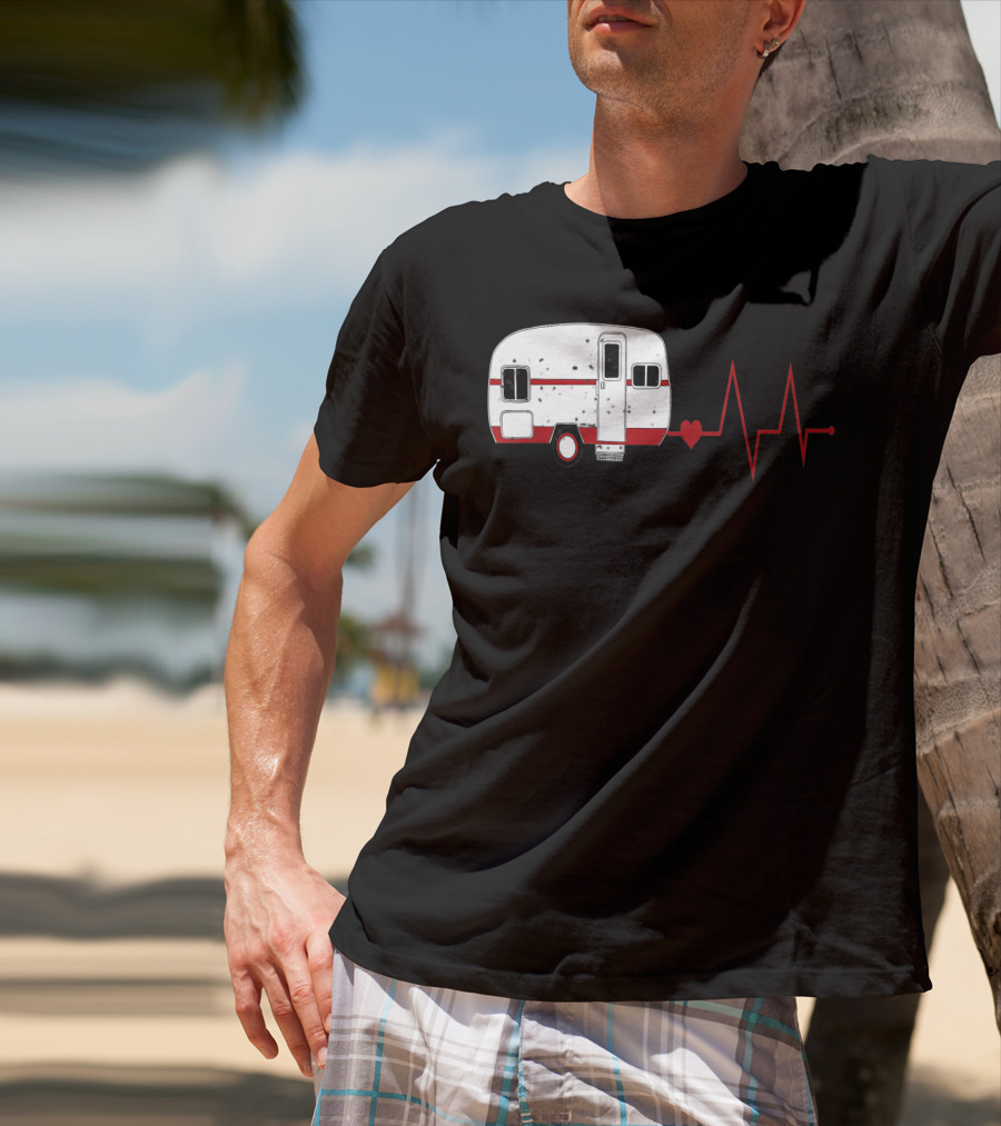 Funny Valentine's Day Camping Women Girls Heartbeat Camper T-Shirt