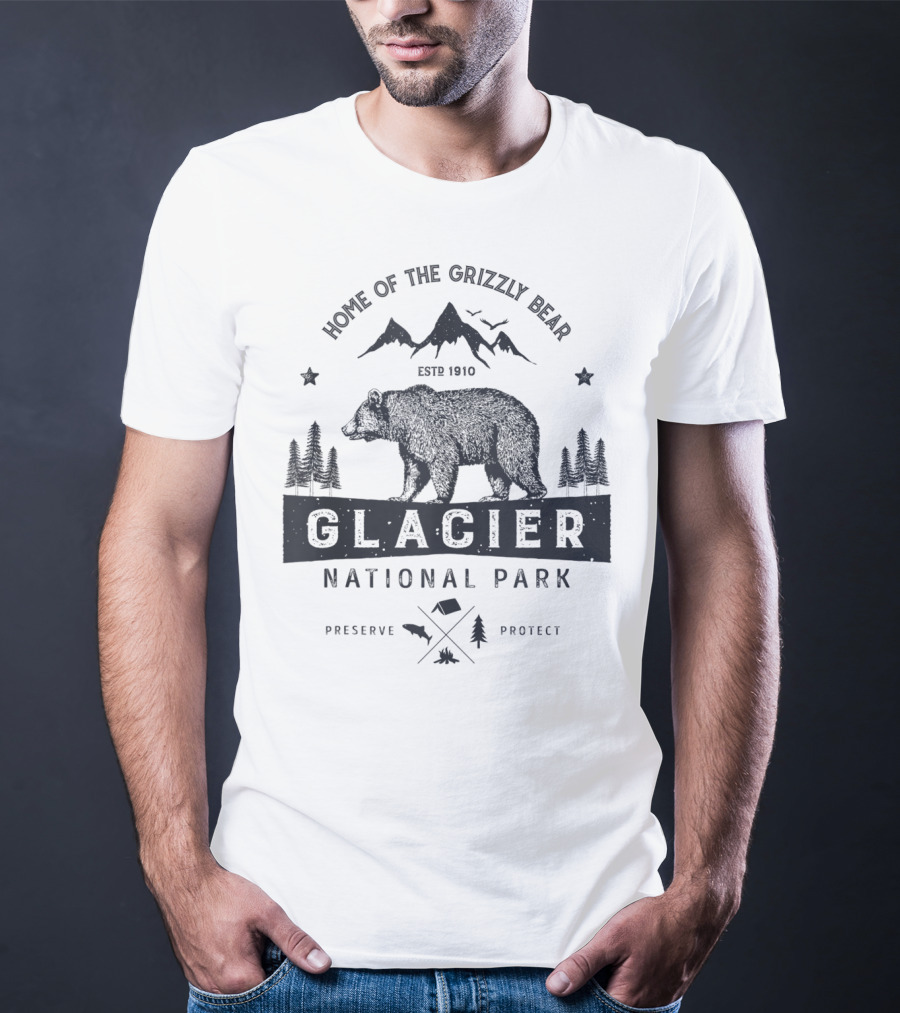 Home Of The Grizzly Bear Glacier National Park Montana Vintage Bear Preserve Protect T-Shirt