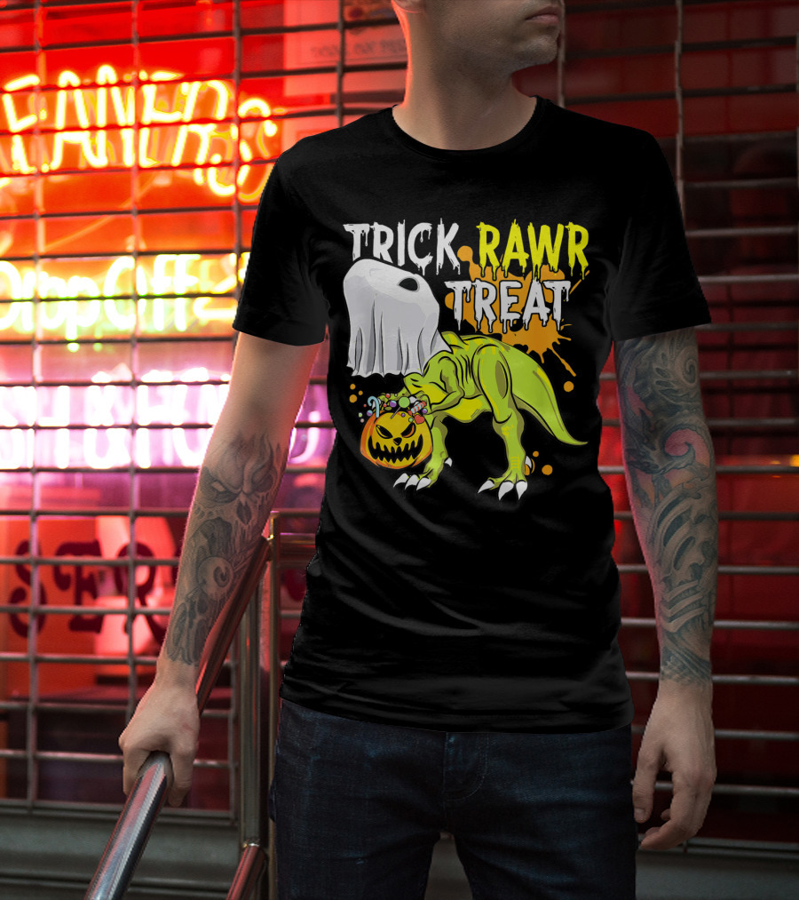 Trick Rawr Treat Halloween Dinosaur Ghost Pumpkin Boys T-Shirt