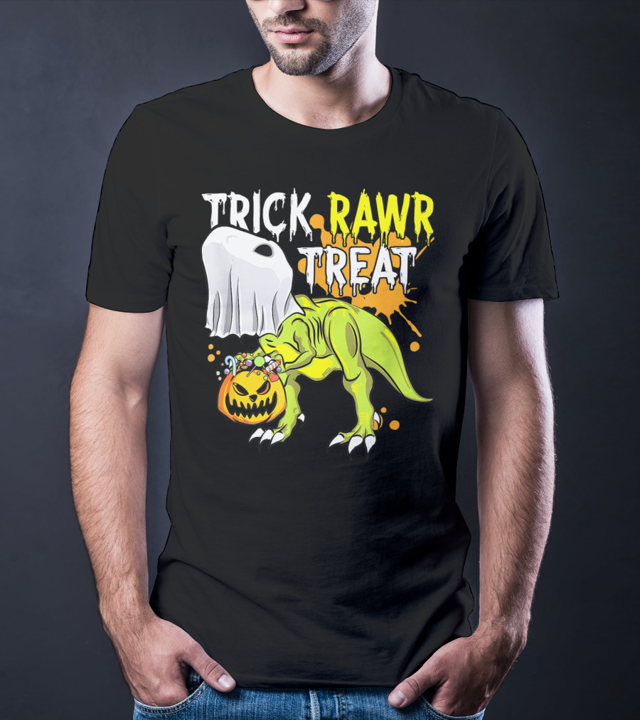 Trick Rawr Treat Halloween Dinosaur Ghost Pumpkin Boys T-Shirt