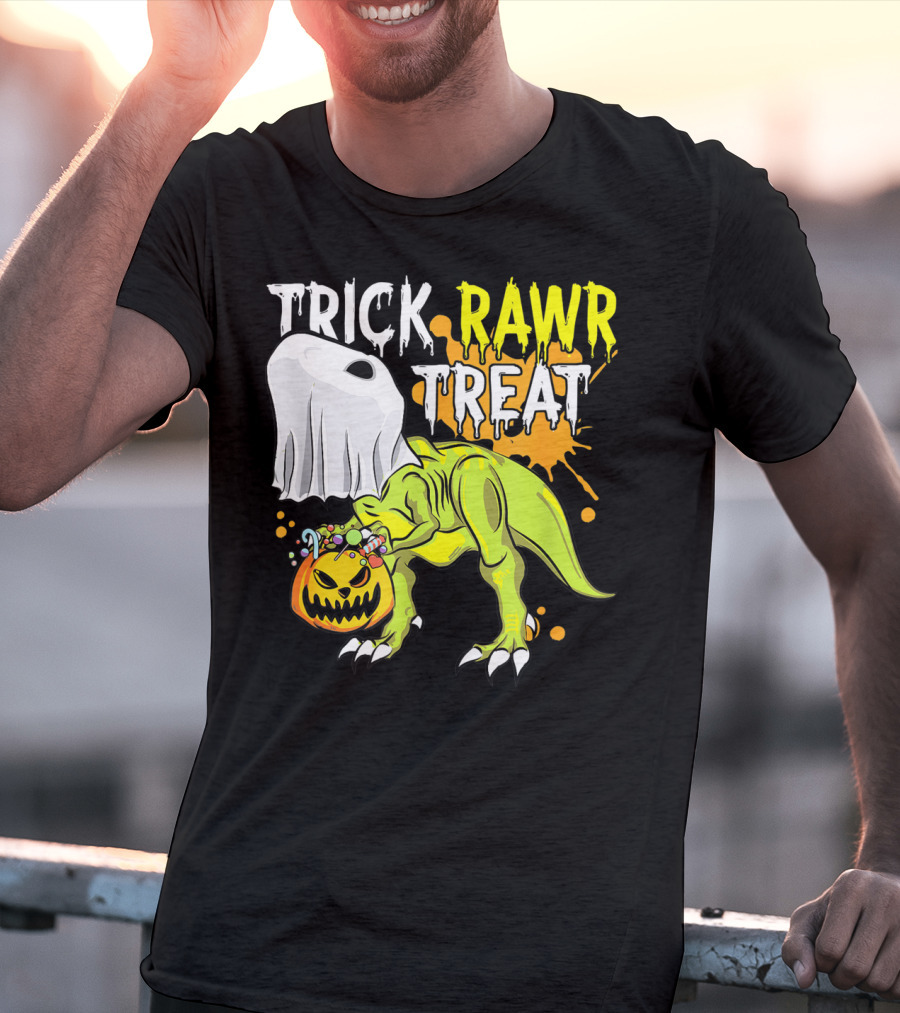 Trick Rawr Treat Halloween Dinosaur Ghost Pumpkin Boys T-Shirt