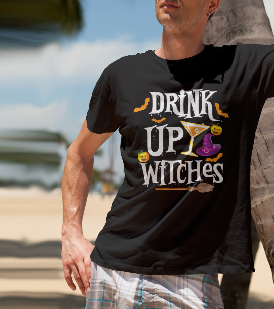 Drink Up Witches Halloween Costume Women Wine Hat Broom Martini T-Shirt