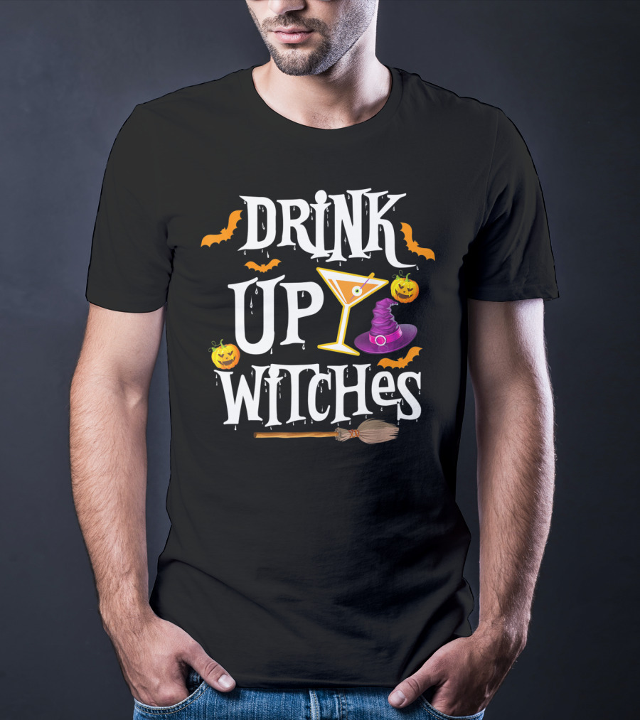 Drink Up Witches Halloween Costume Women Wine Hat Broom Martini T-Shirt