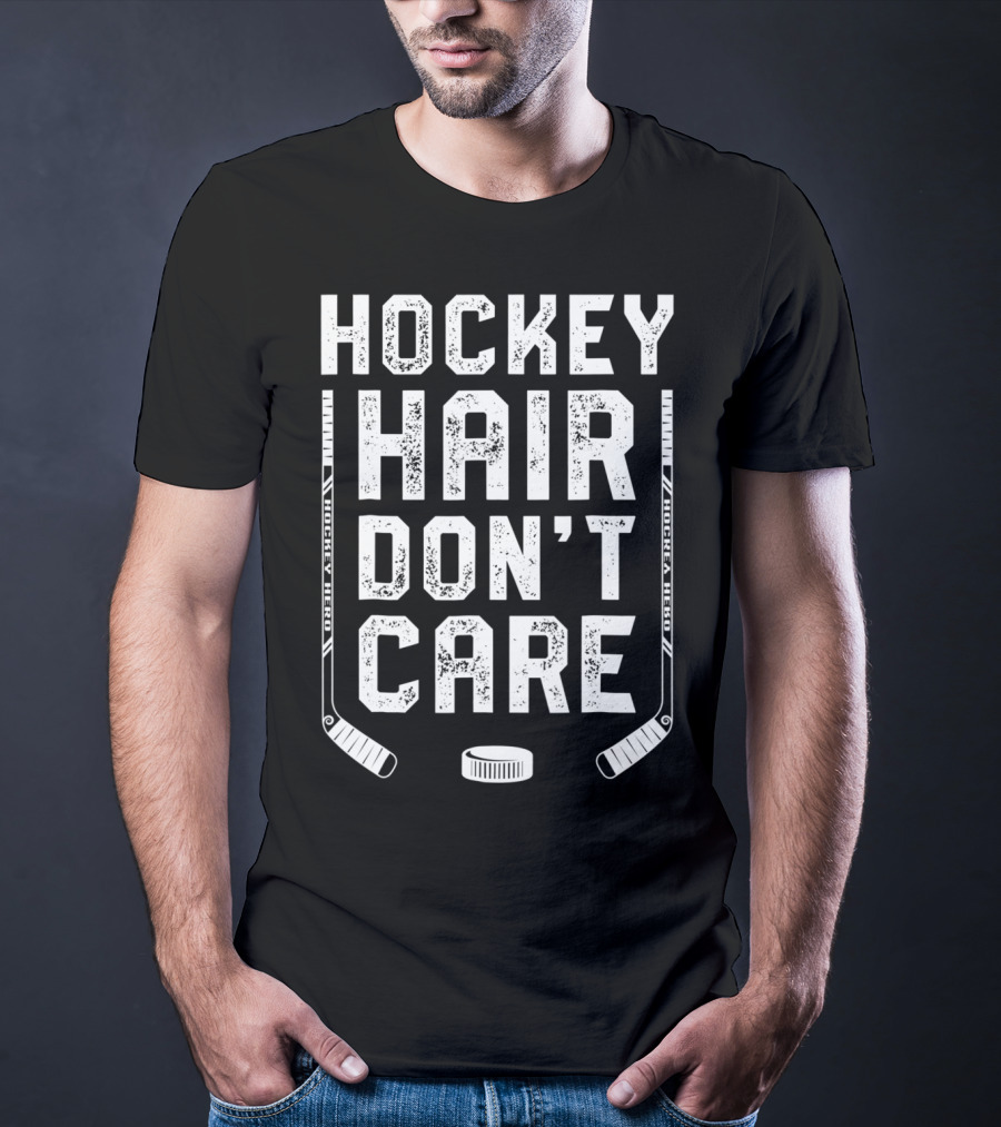 Hockey Hair Don't Care Ice Puck Hockey Stick Player T-Shirt