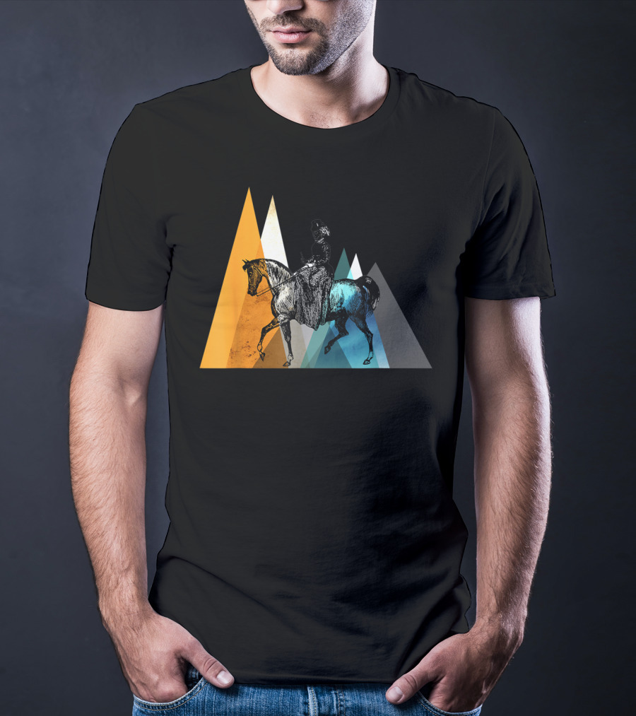 Horseback Riding Geometric Mountain Motif T-Shirt