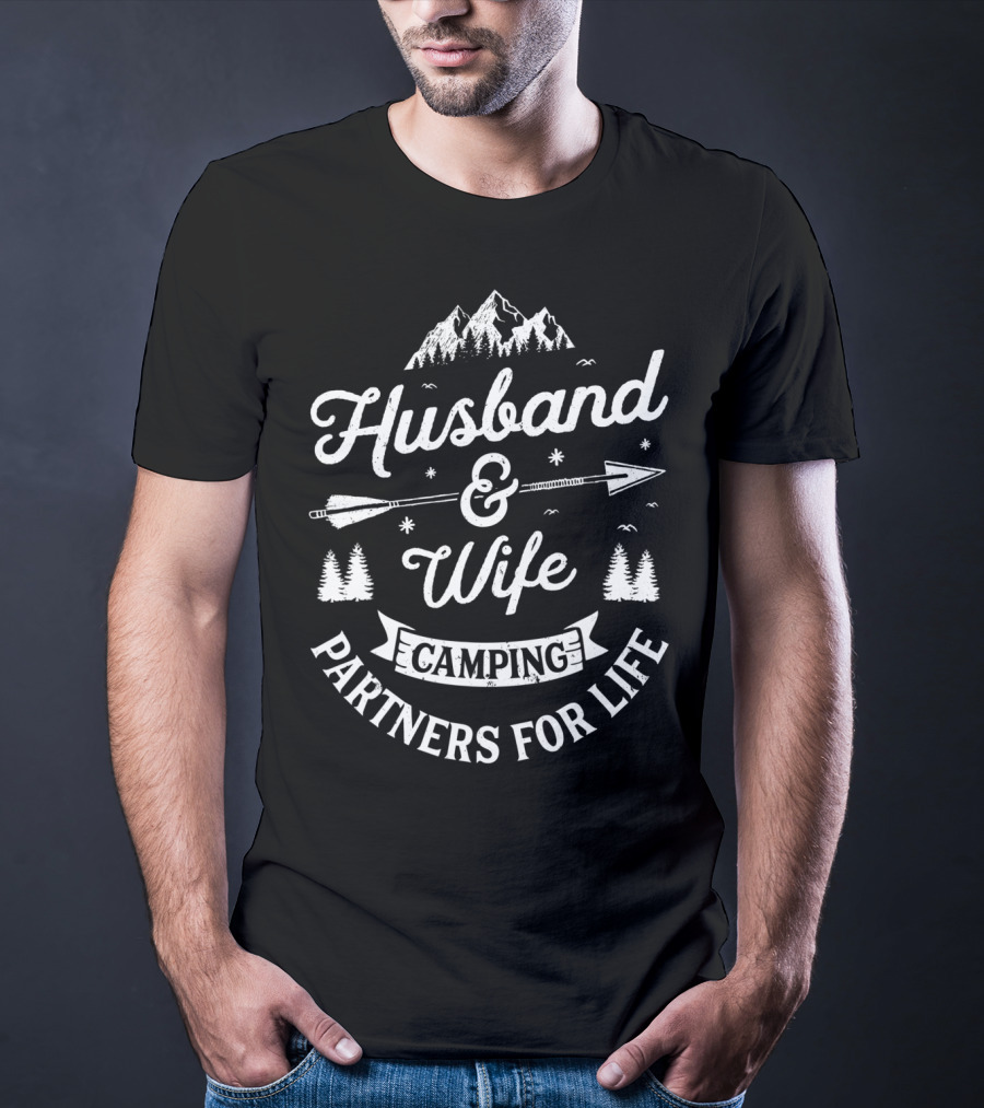 Husband And Wife Camping Partners For Life Arrow Mountains Trees T-Shirt