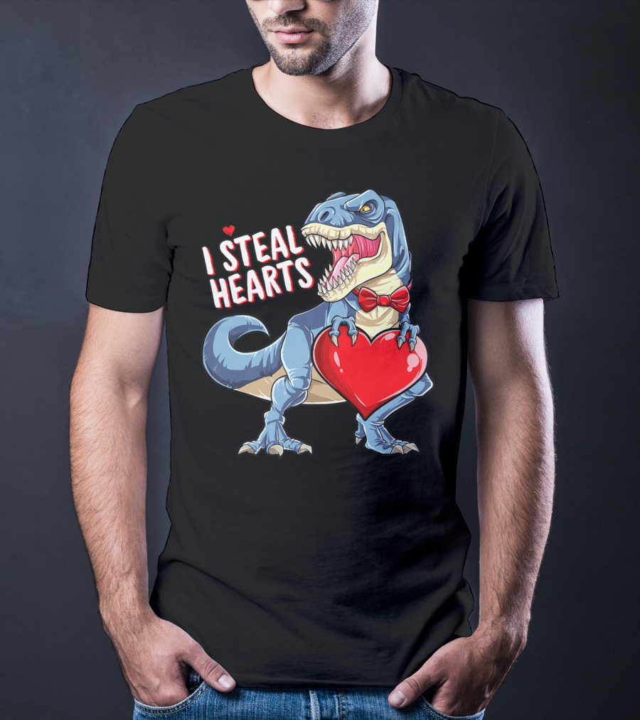 I Steal Hearts Dinosaur Rex Valentine's Day Red Bow Tie T-Shirt