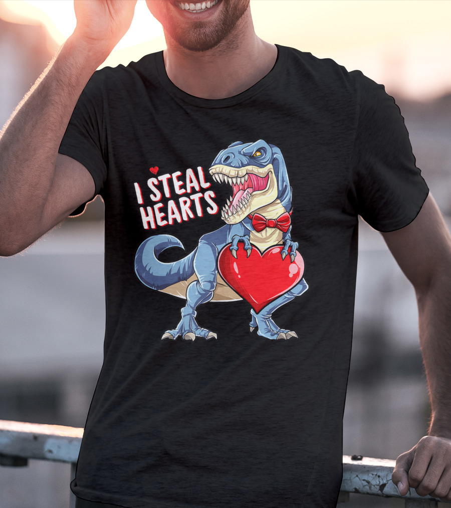 I Steal Hearts Dinosaur Rex Valentine's Day Red Bow Tie T-Shirt