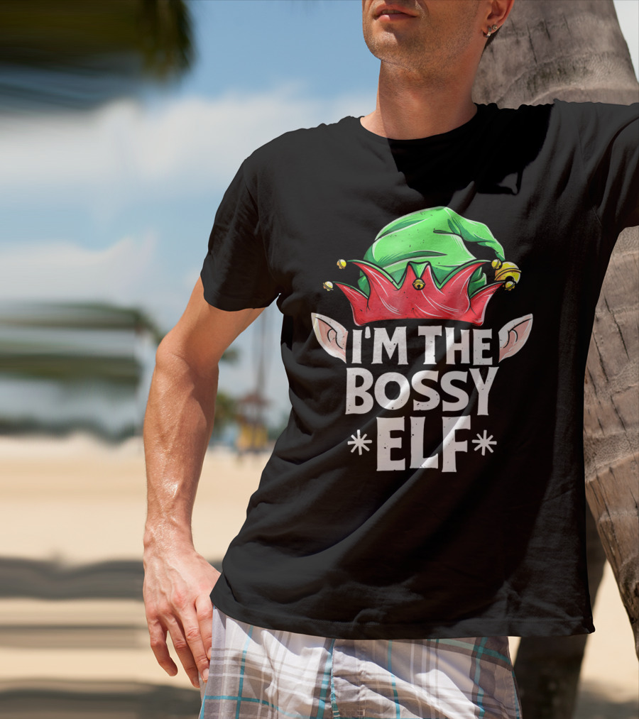 I'm The Bossy Elf Green And Red Jester Hat With Ears T-Shirt