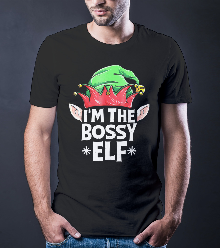 I'm The Bossy Elf Green And Red Jester Hat With Ears T-Shirt