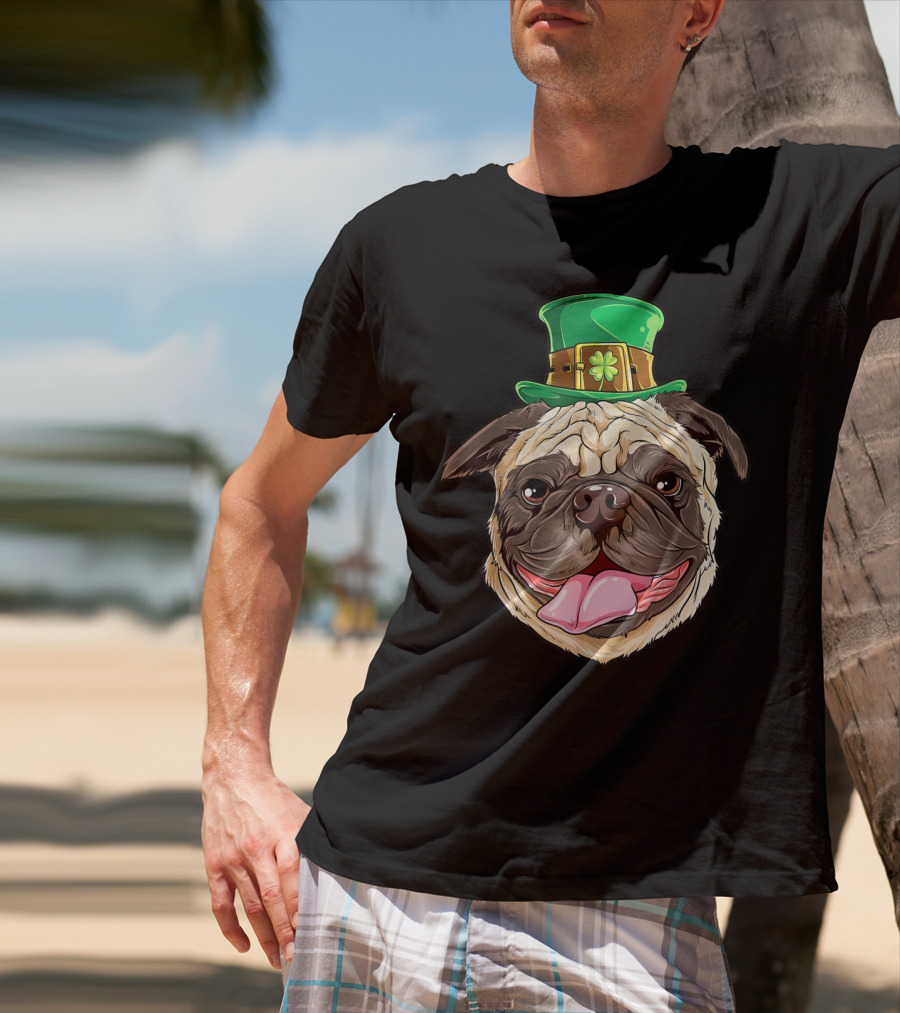 Irish Pug Wearing Leprechaun Hat With Shamrock T-Shirt