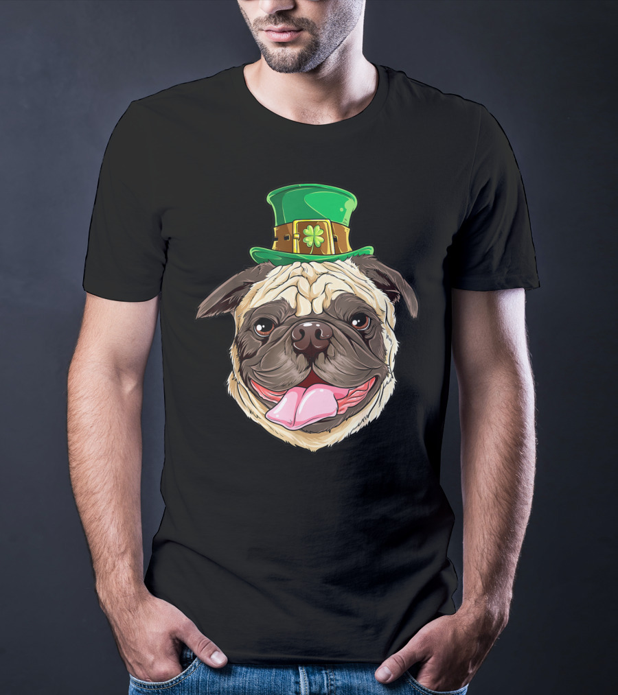 Irish Pug Wearing Leprechaun Hat With Shamrock T-Shirt