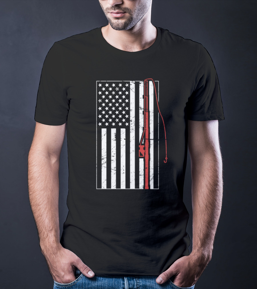 American Flag Distressed Fishing Rod T-Shirt