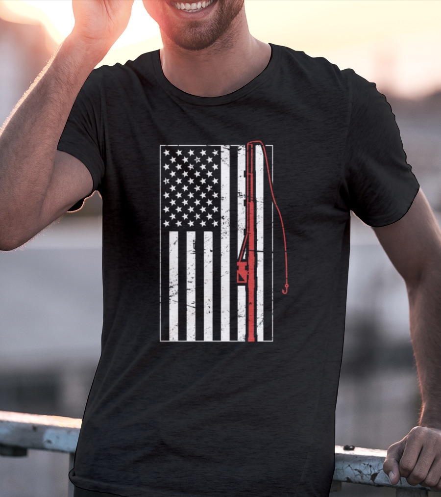 American Flag Distressed Fishing Rod T-Shirt
