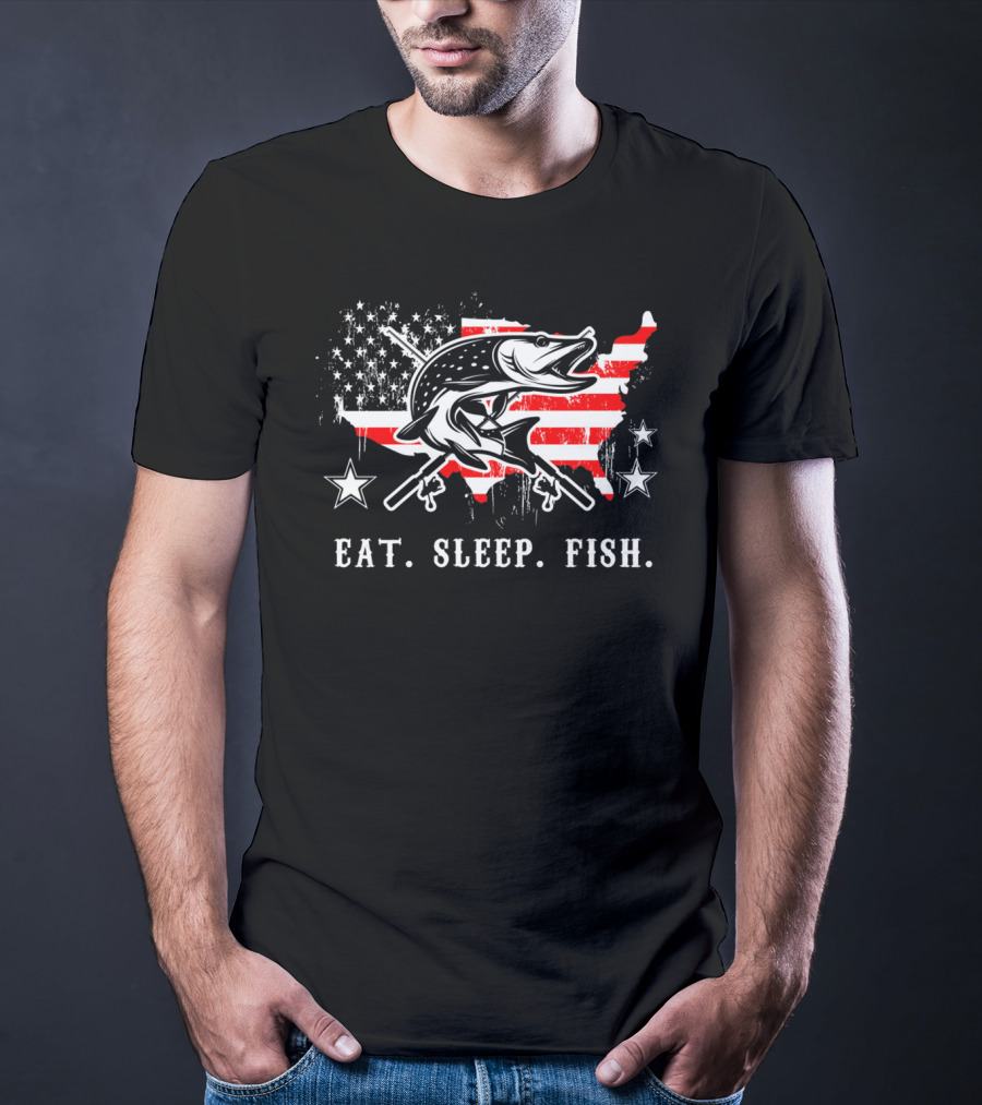 Eat Sleep Fish USA Flag Pike Rifle Stars T-Shirt
