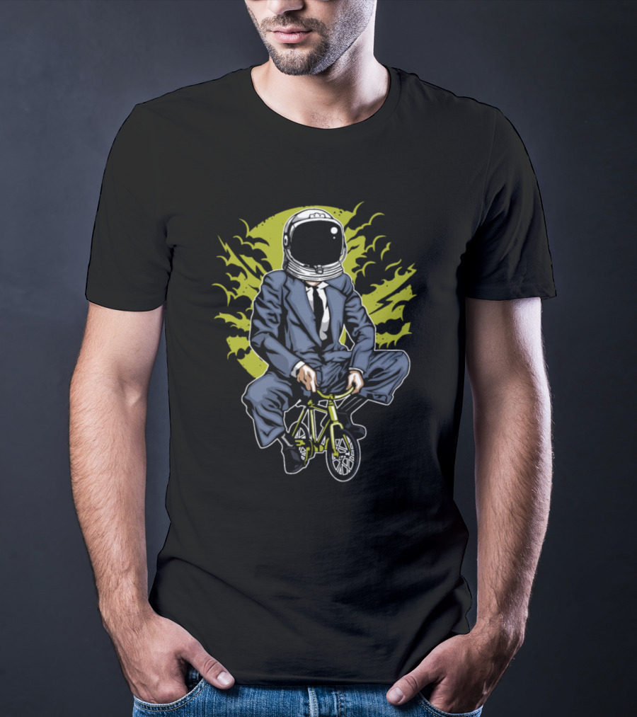 Astronaut In Business Suit Riding Mini Bike With Green Background And Stylized Sky Elements T-Shirt