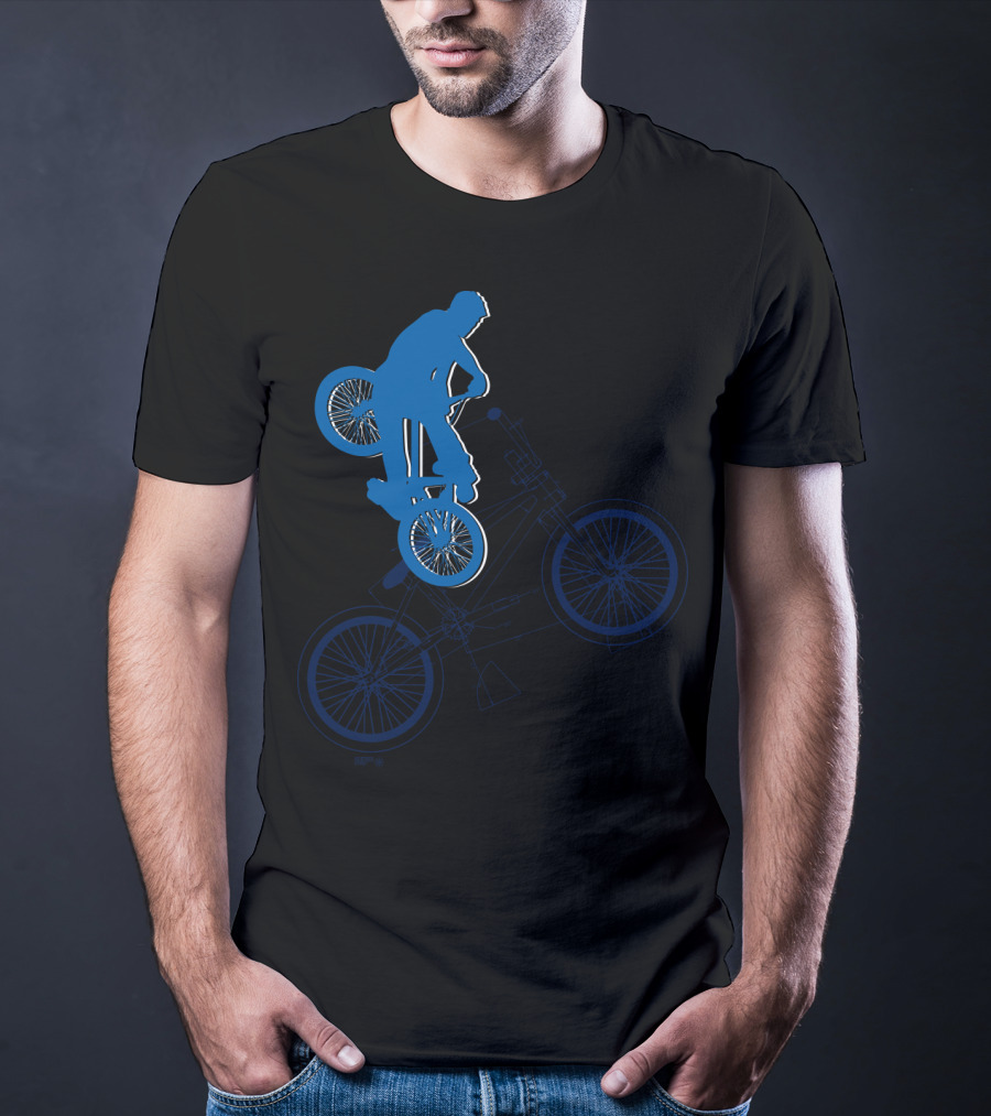 BMX Rider Blue Silhouette With Detailed Bike Blueprint T-Shirt