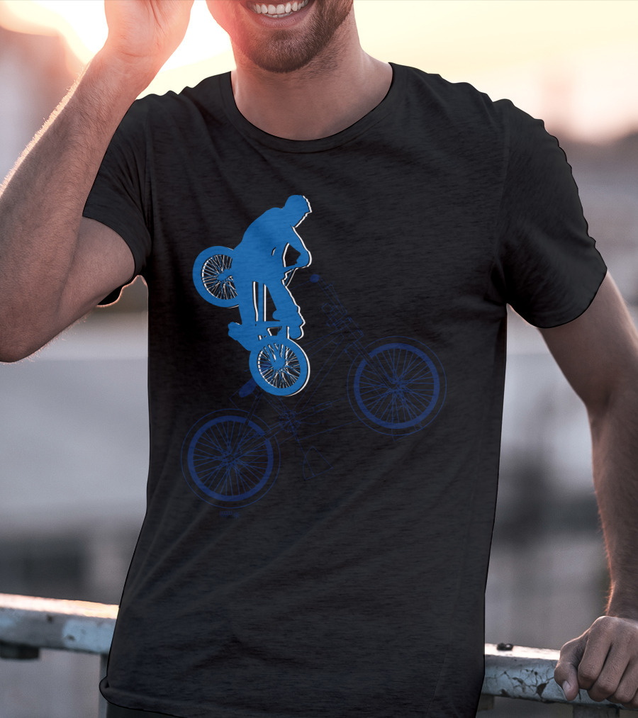 BMX Rider Blue Silhouette With Detailed Bike Blueprint T-Shirt