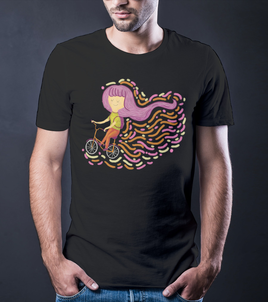 Claire Riding Bicycle With Flowing Pink Hair And Colorful Trails T-Shirt