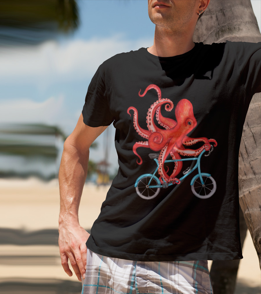 Cycling Octopus On Blue Bicycle T-Shirt