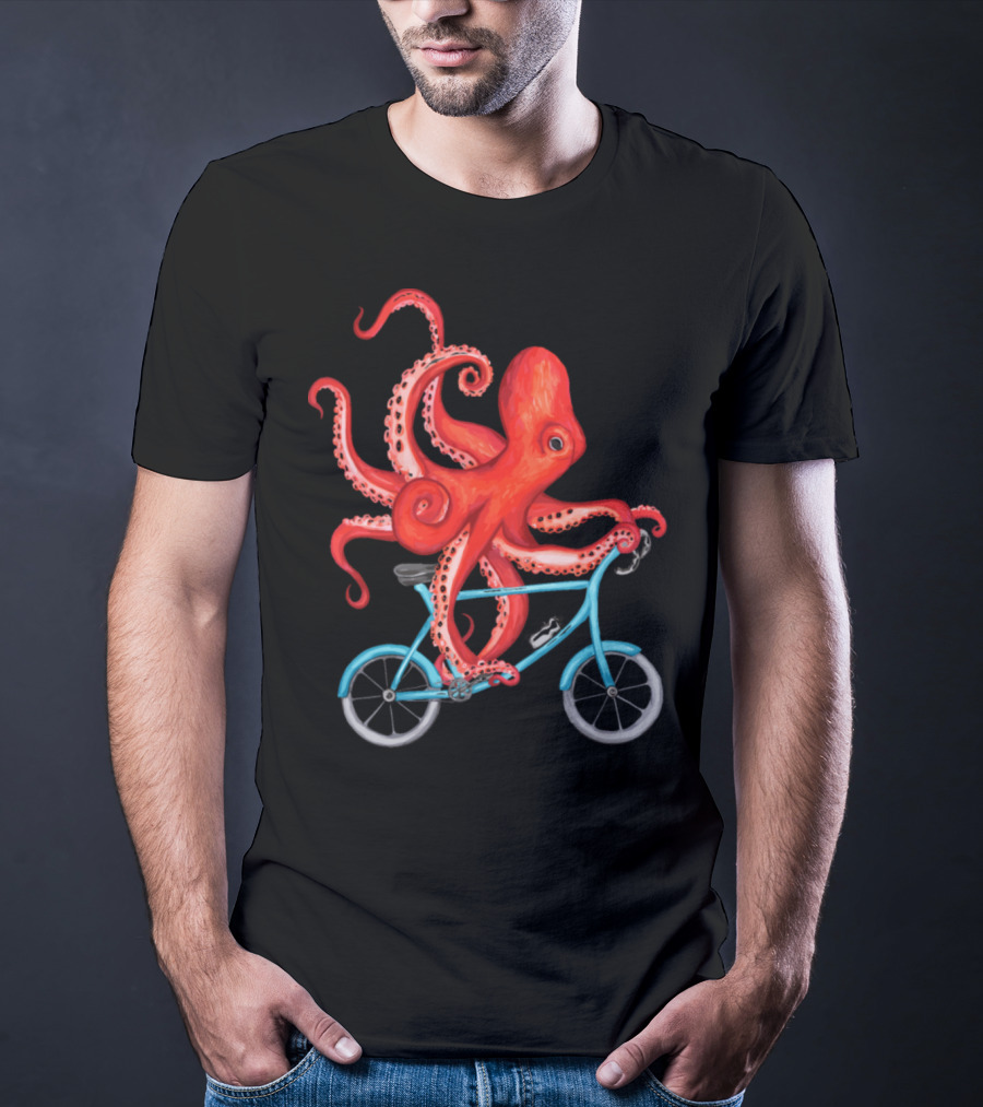 Cycling Octopus On Blue Bicycle T-Shirt