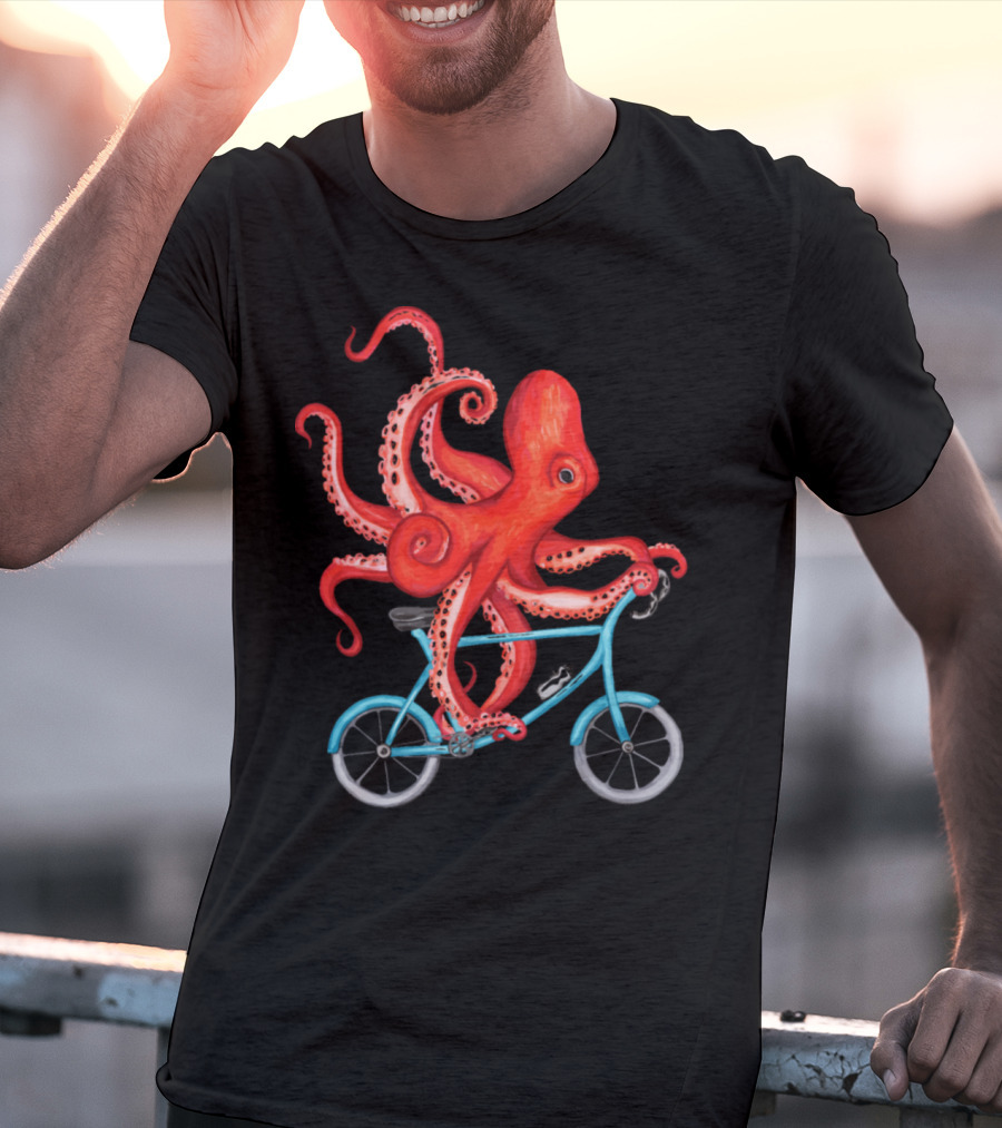 Cycling Octopus On Blue Bicycle T-Shirt