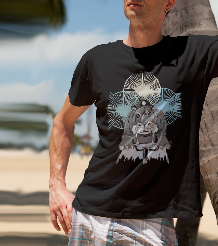 Hippo With Cap Number 13 Riding A Bike With Radiant Starburst Background T-Shirt