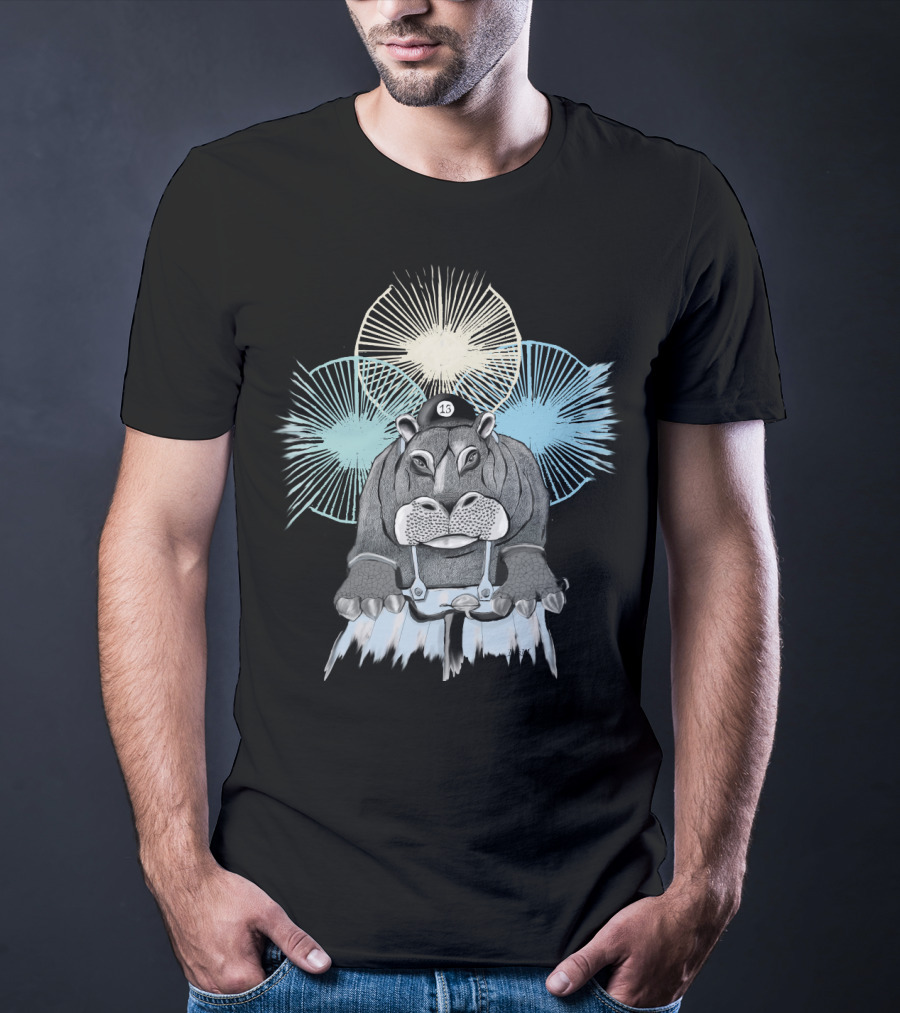 Hippo With Cap Number 13 Riding A Bike With Radiant Starburst Background T-Shirt