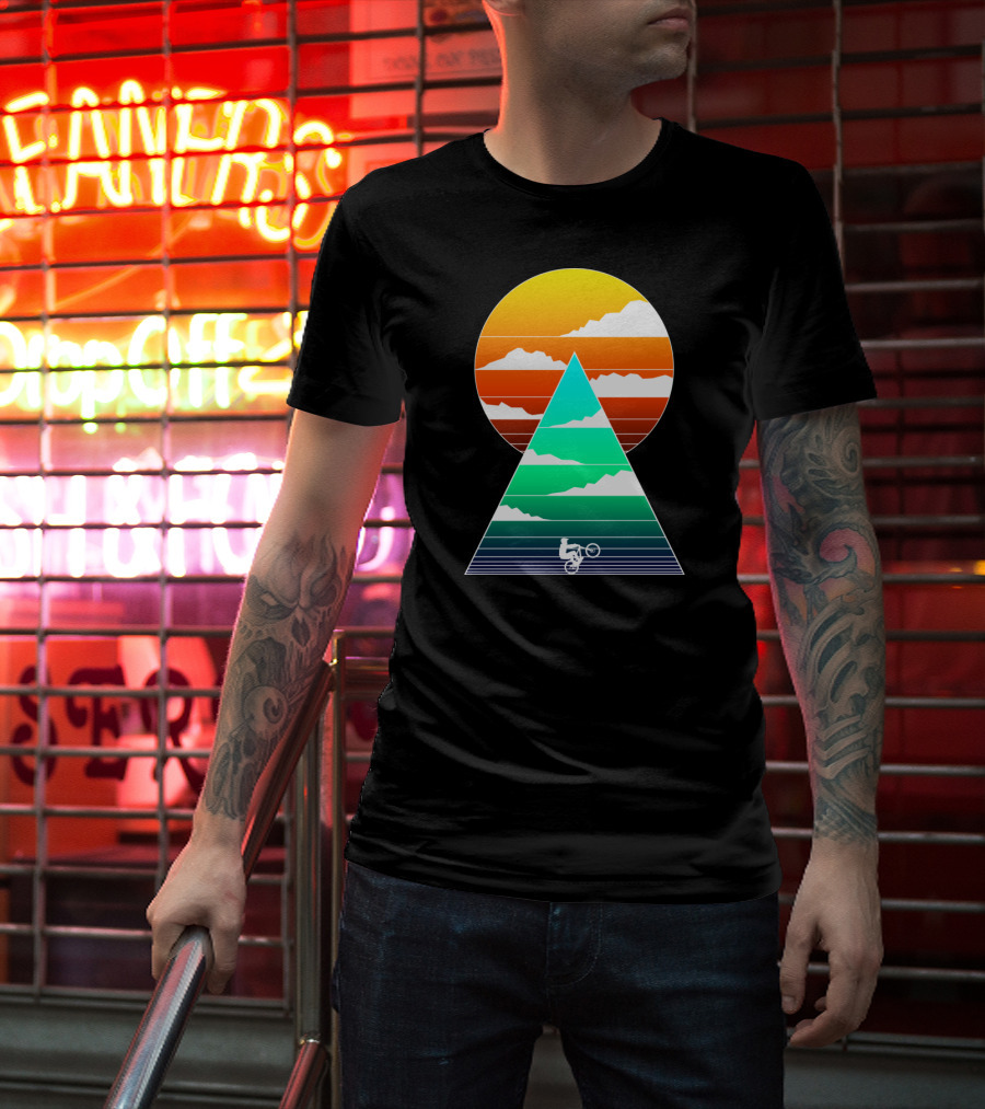 Sunset Mountain Biking Adventure In Geometric T-Shirt