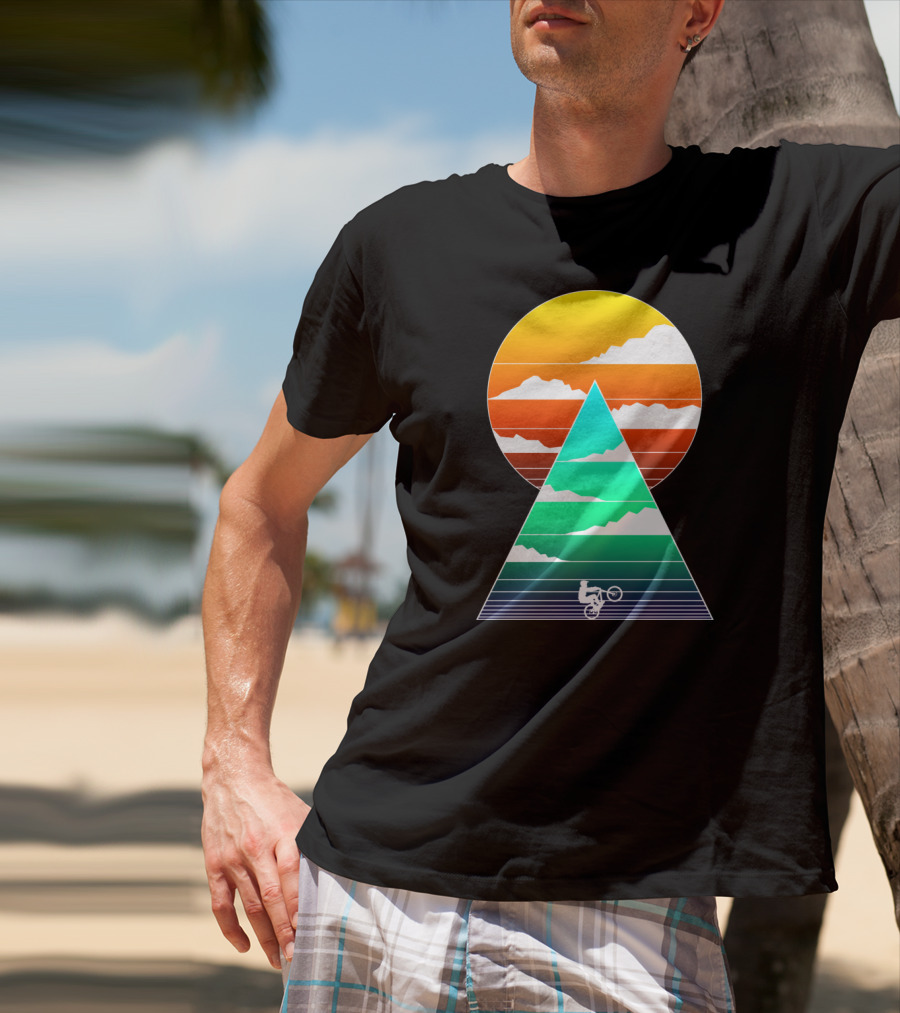 Sunset Mountain Biking Adventure In Geometric T-Shirt