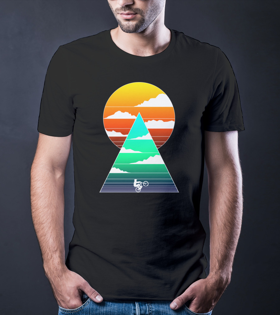 Sunset Mountain Biking Adventure In Geometric T-Shirt
