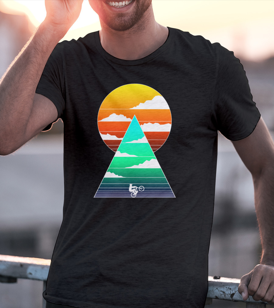 Sunset Mountain Biking Adventure In Geometric T-Shirt
