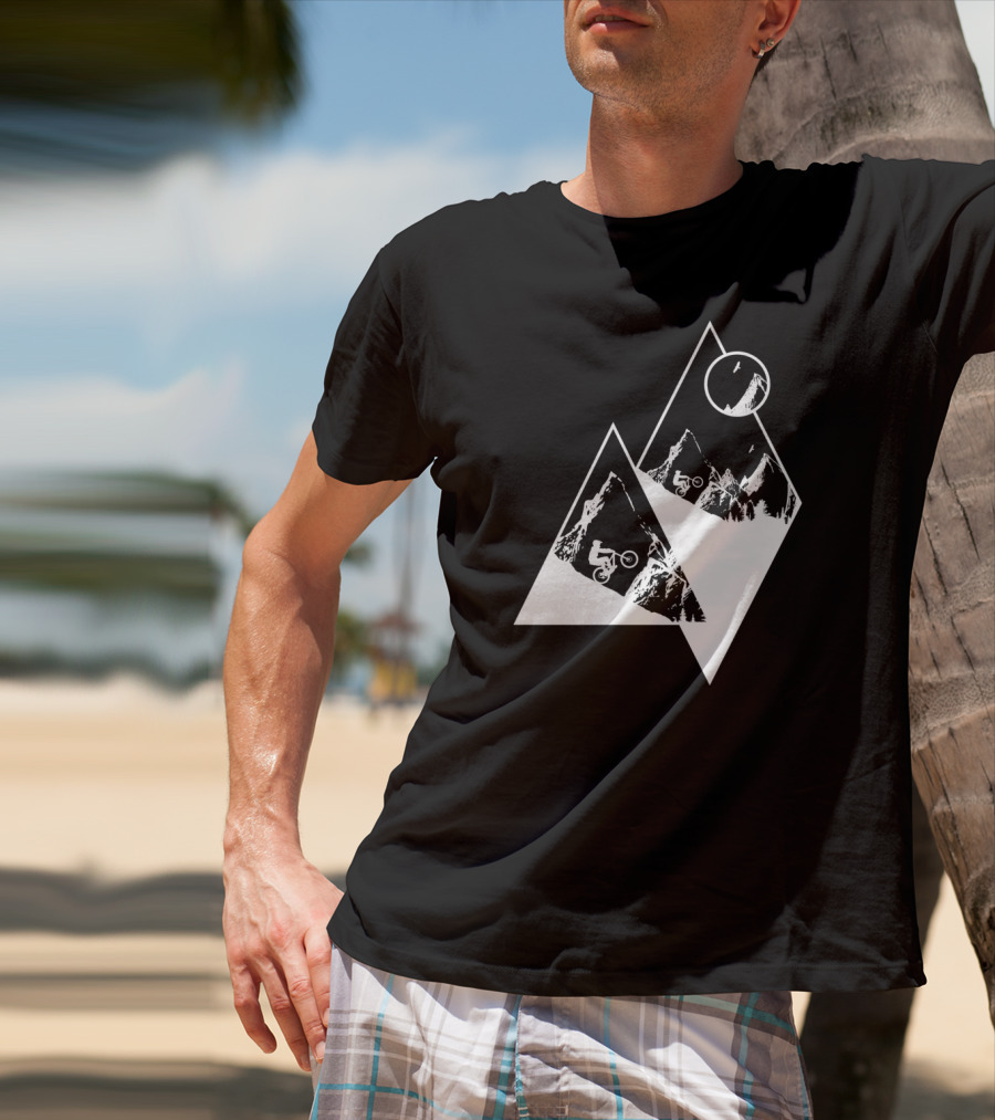 MTB Cyclist On White Mountain Peaks With Moon In Geometric T-Shirt