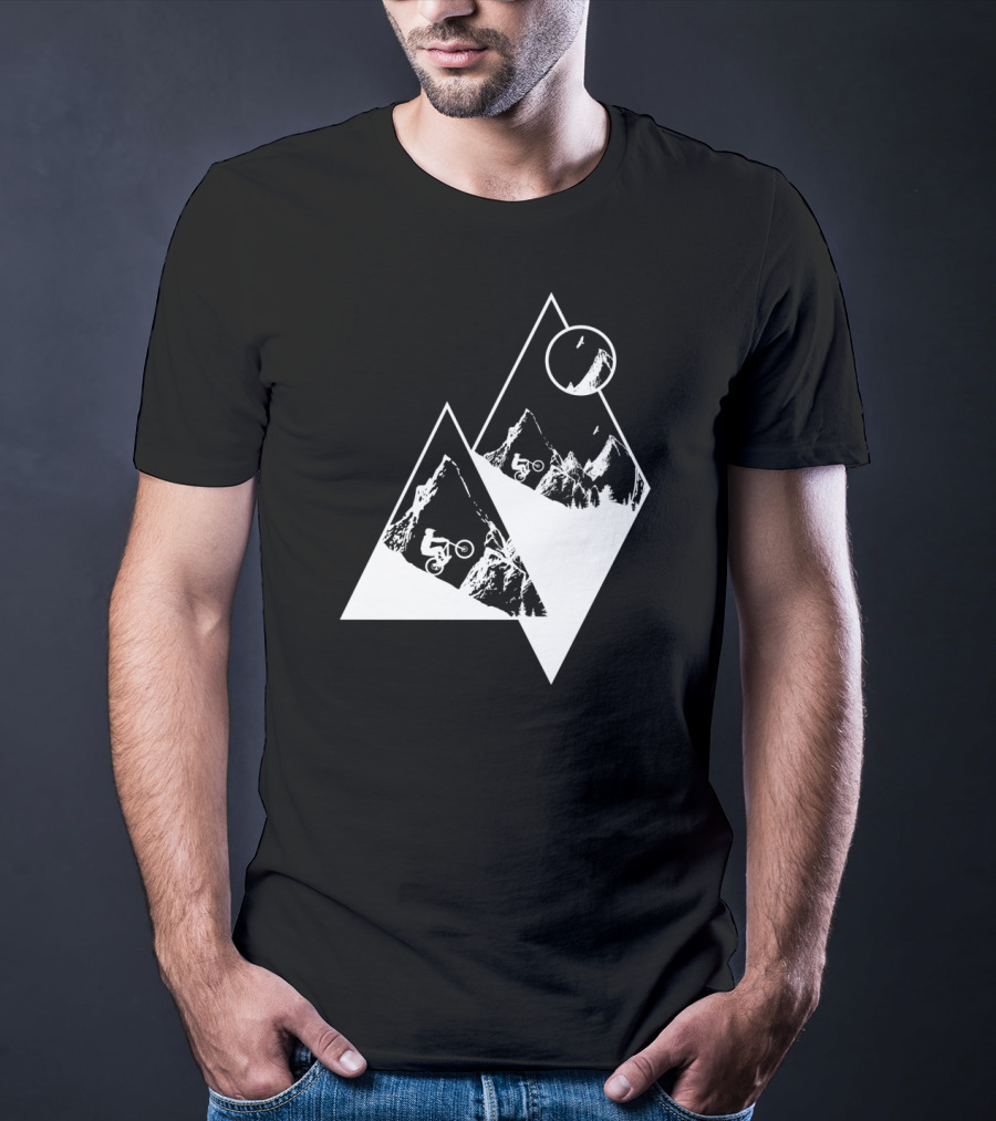 MTB Cyclist On White Mountain Peaks With Moon In Geometric T-Shirt