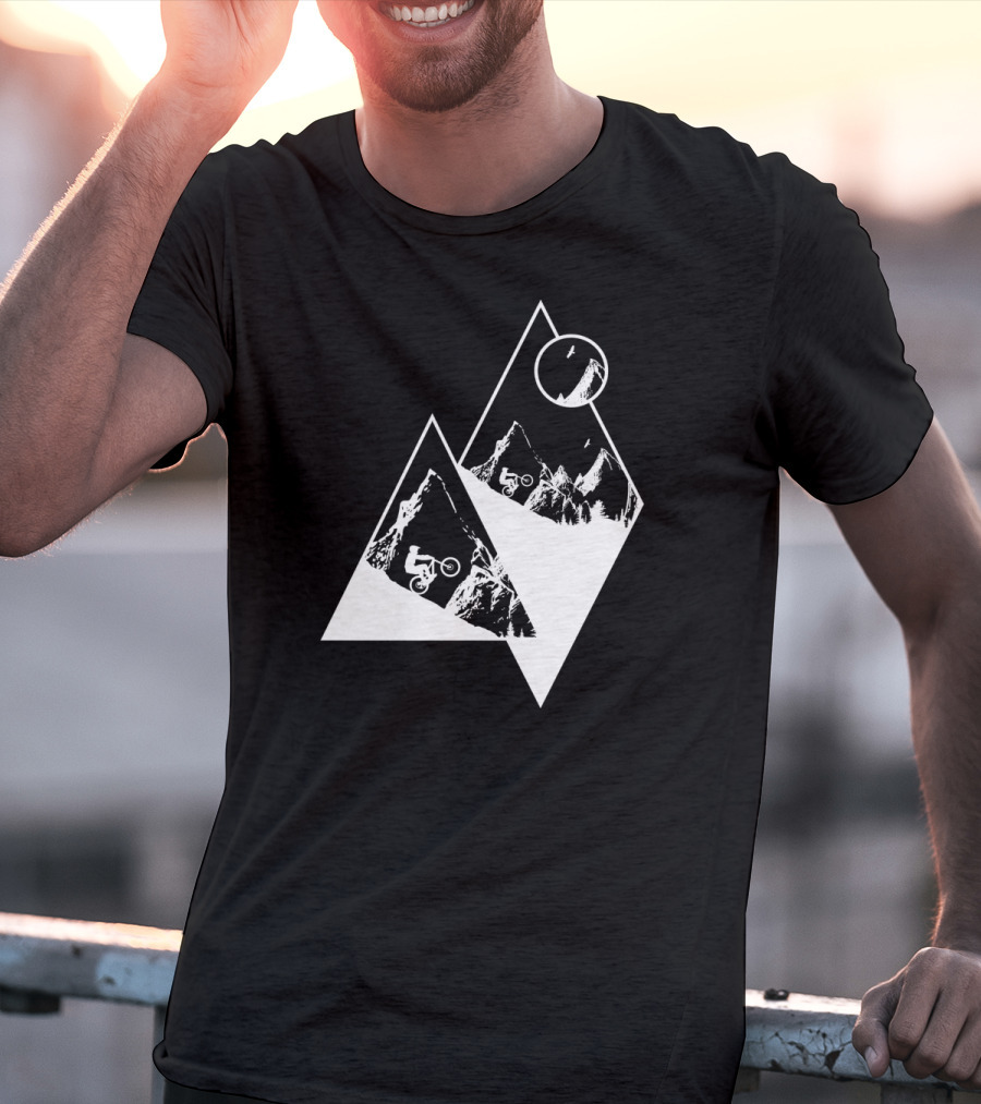 MTB Cyclist On White Mountain Peaks With Moon In Geometric T-Shirt