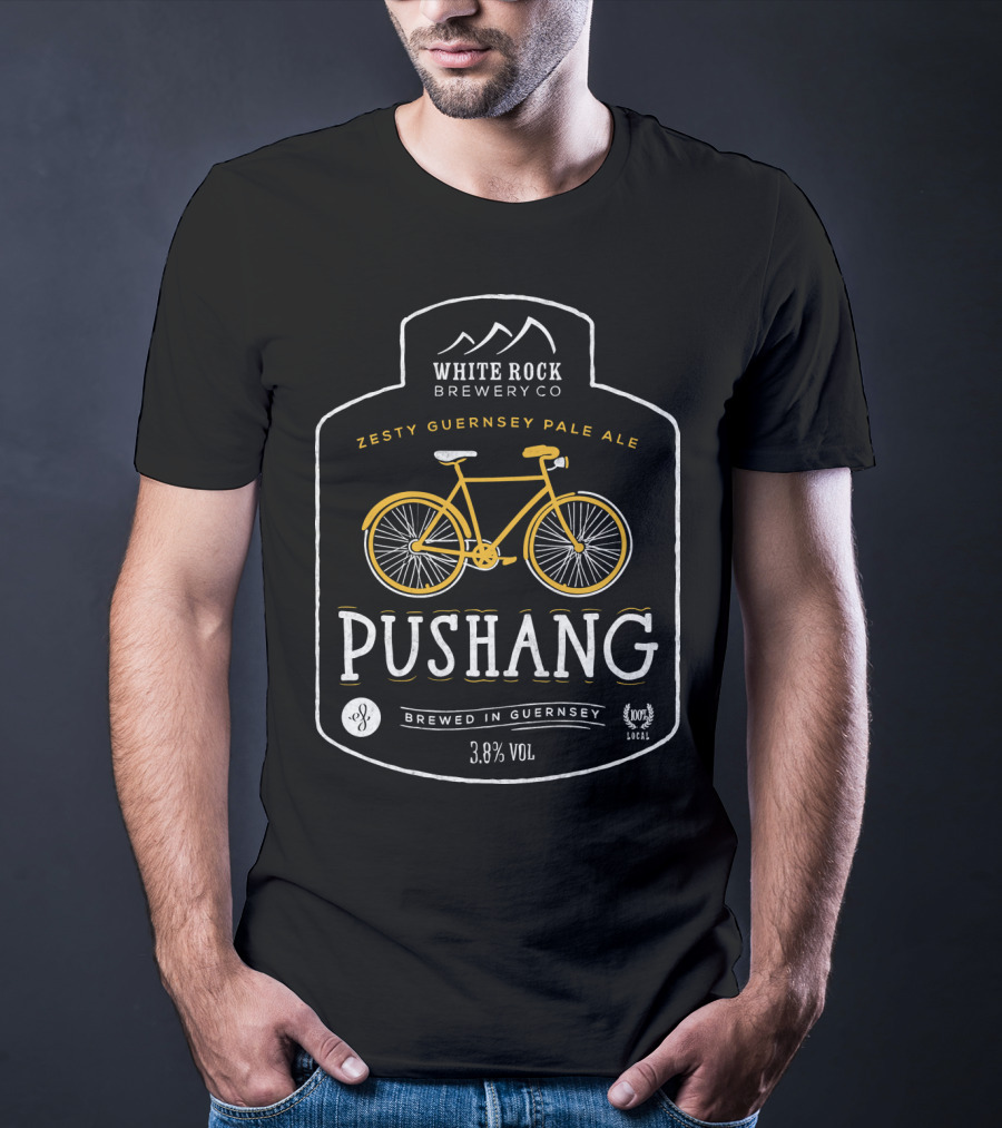 White Rock Brewery Co Pushang Zesty Guernsey Pale Ale 3.8% Vol Brewed In Guernsey Bike Label T-Shirt