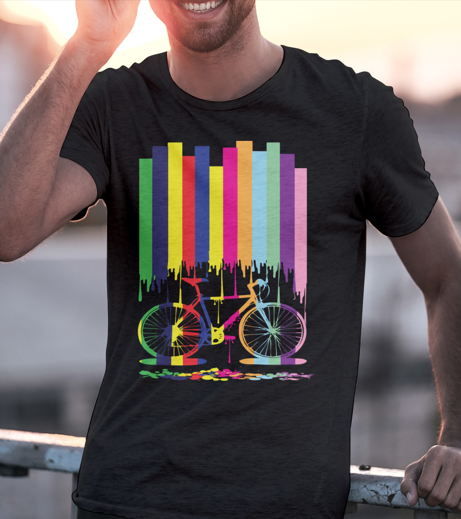 Rainbow Bicycle Dripping Paint Stripes T-Shirt