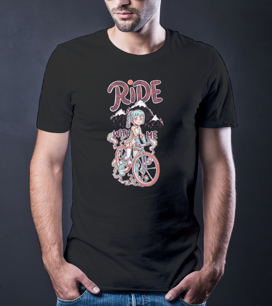 RIDE WITH ME Manga Style Biking Adventure With Blue-Haired Anime Character And Mountain Background T-Shirt