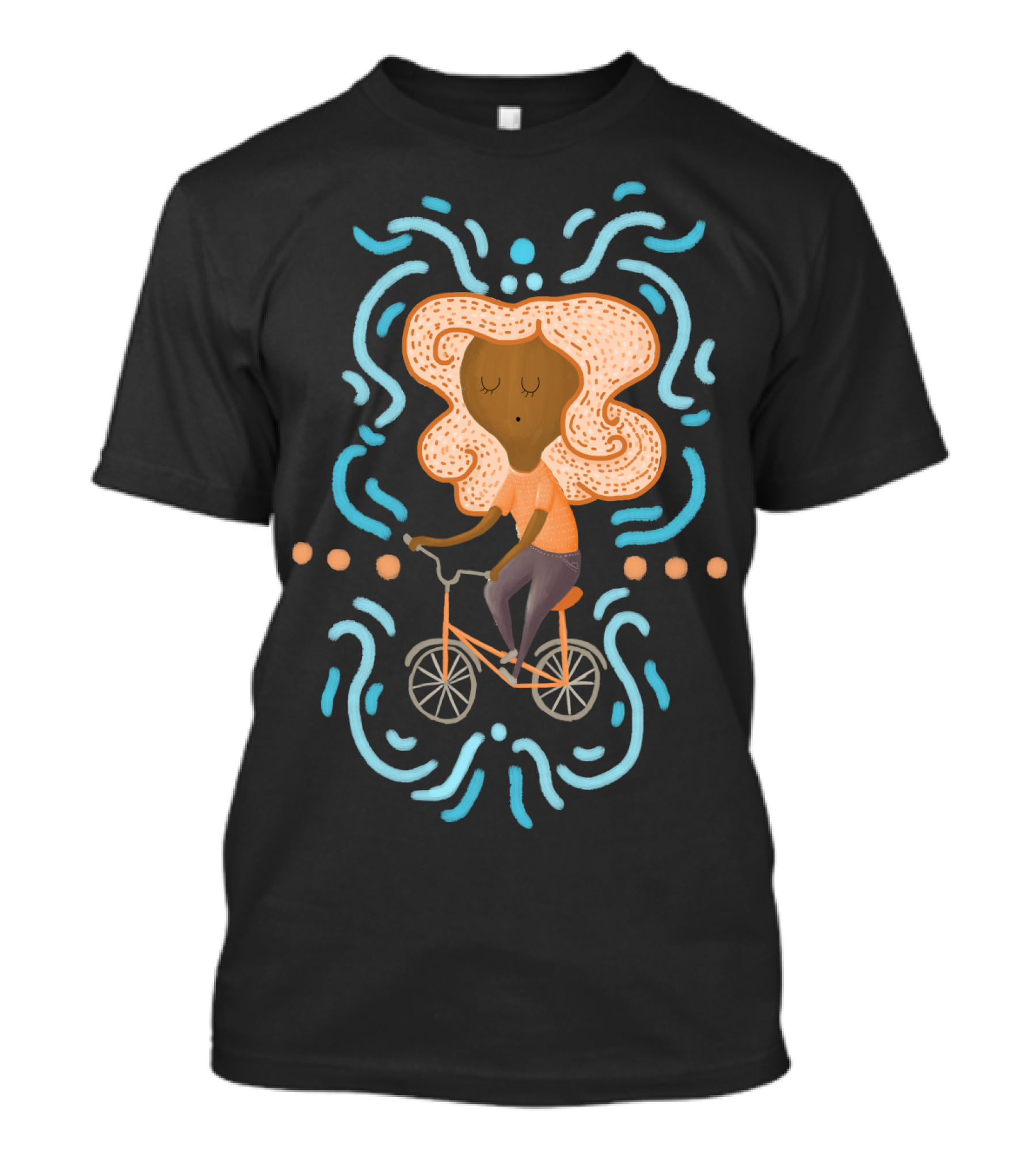 Sarah Bicycle Curly Orange Hair Blue Accents T-Shirt