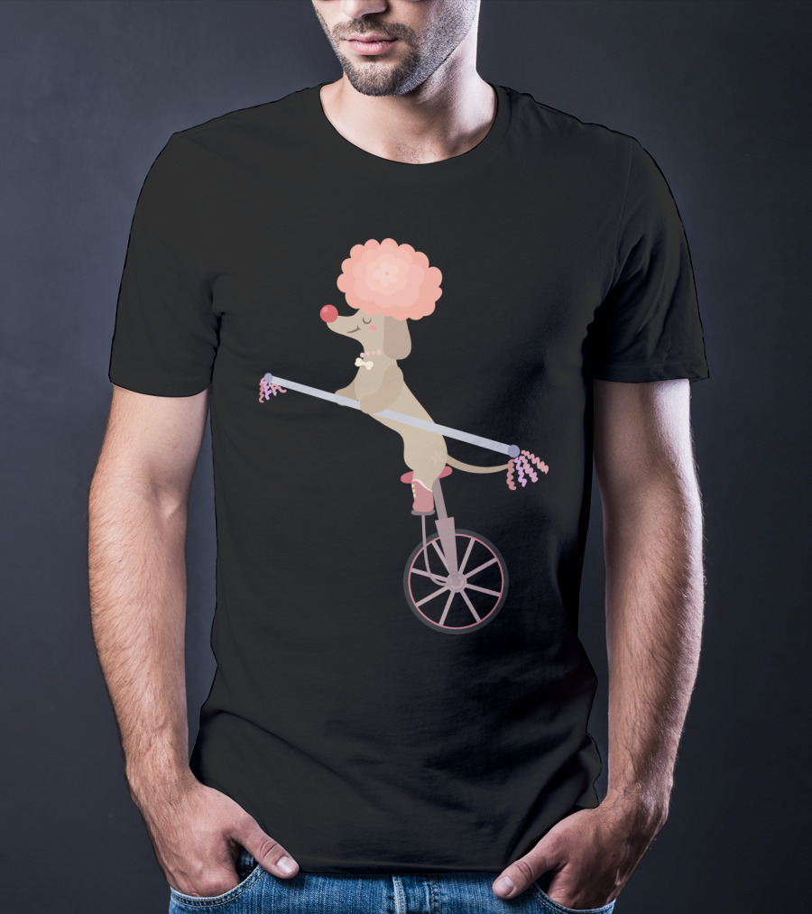 Unicycle Dog With Clown Wig And Red Nose Balancing On Wheel T-Shirt