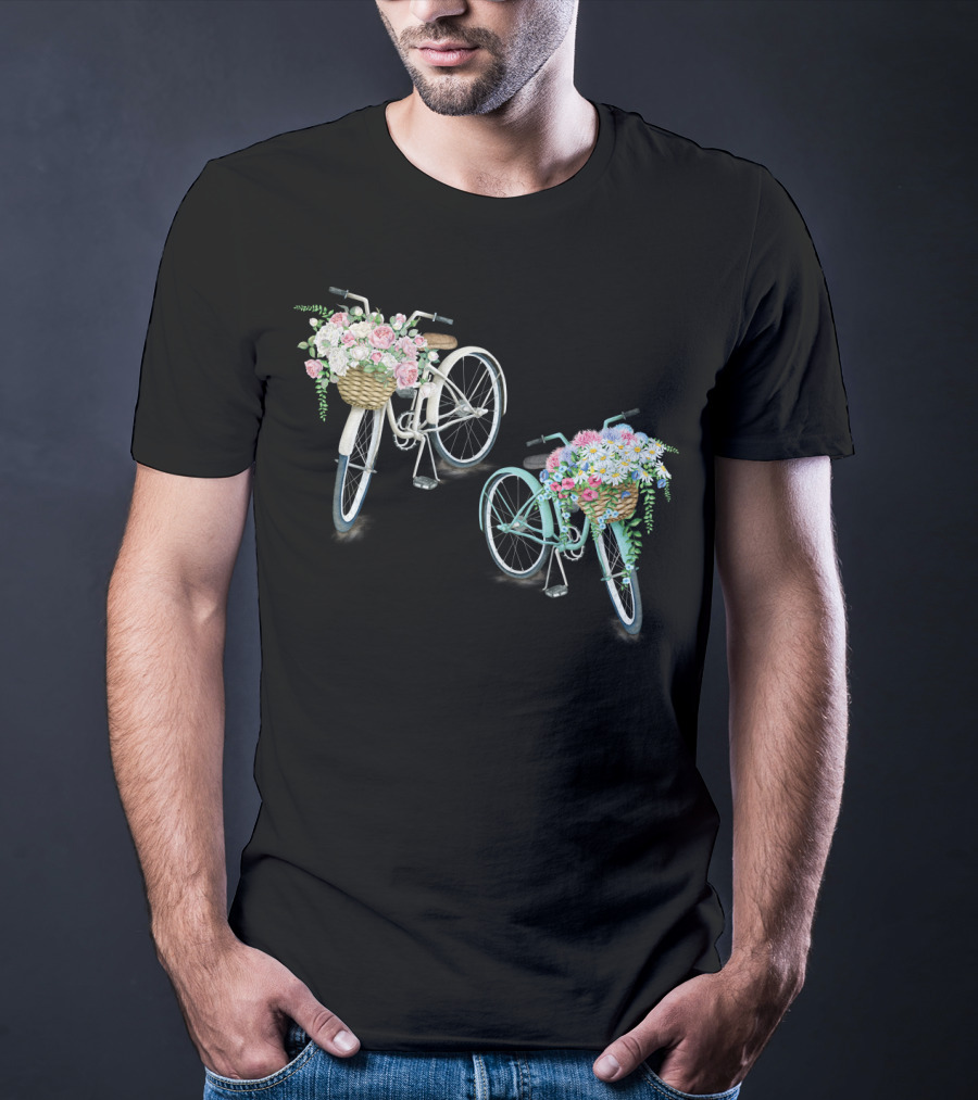 Vintage Bicycles With Flower Baskets Roses And Daisies T-Shirt