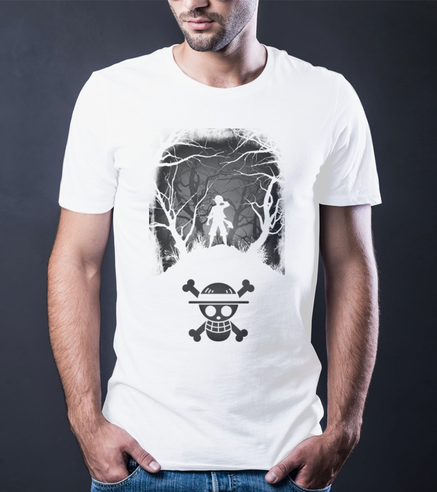 Luffy Silhouette In The Woods With Straw Hat Pirate Skull T-Shirt