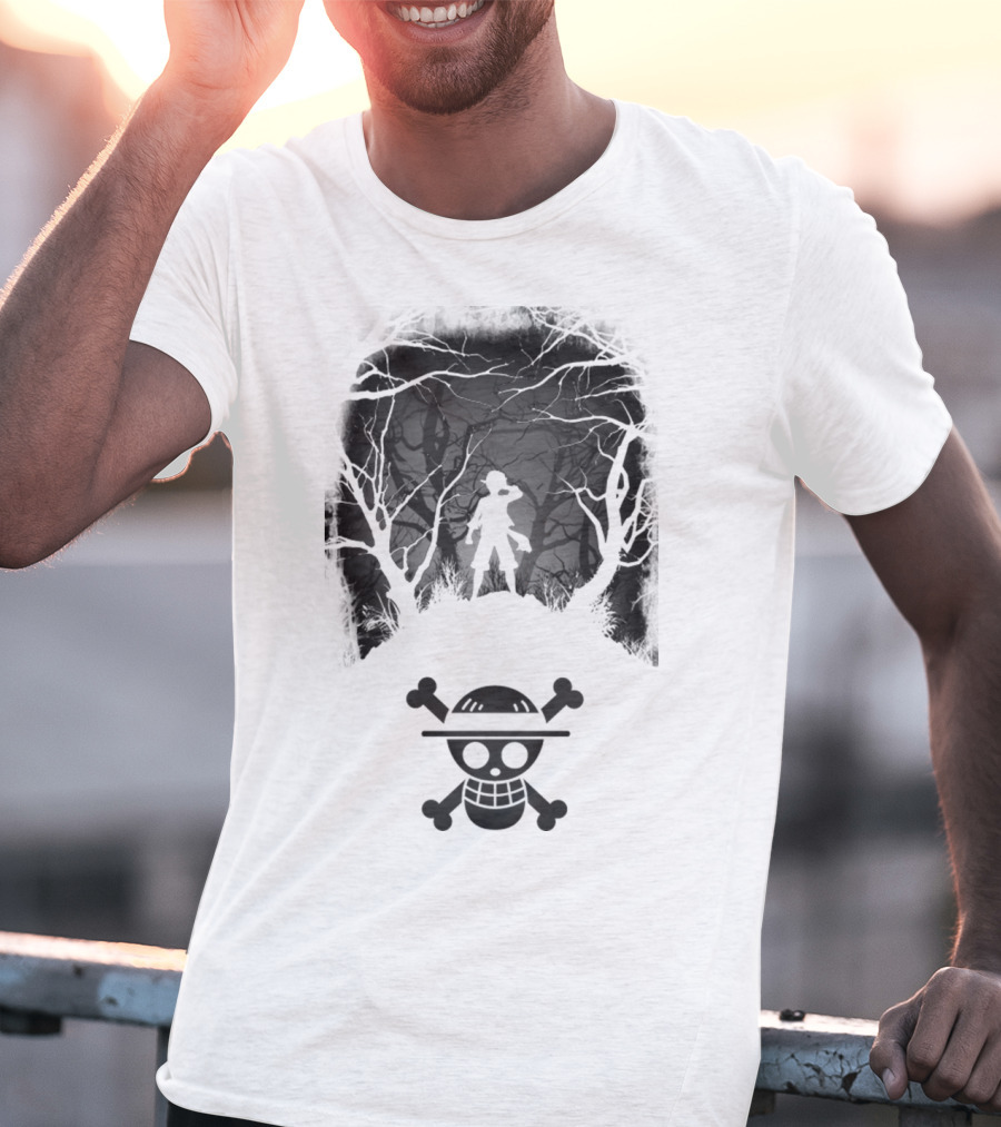 Luffy Silhouette In The Woods With Straw Hat Pirate Skull T-Shirt